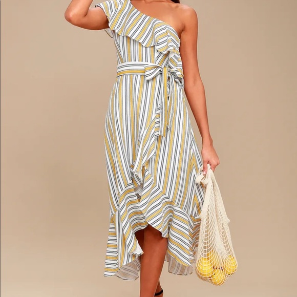 Lulus high tide yellow striped one shoulder midi dress - Picture 3 of 6